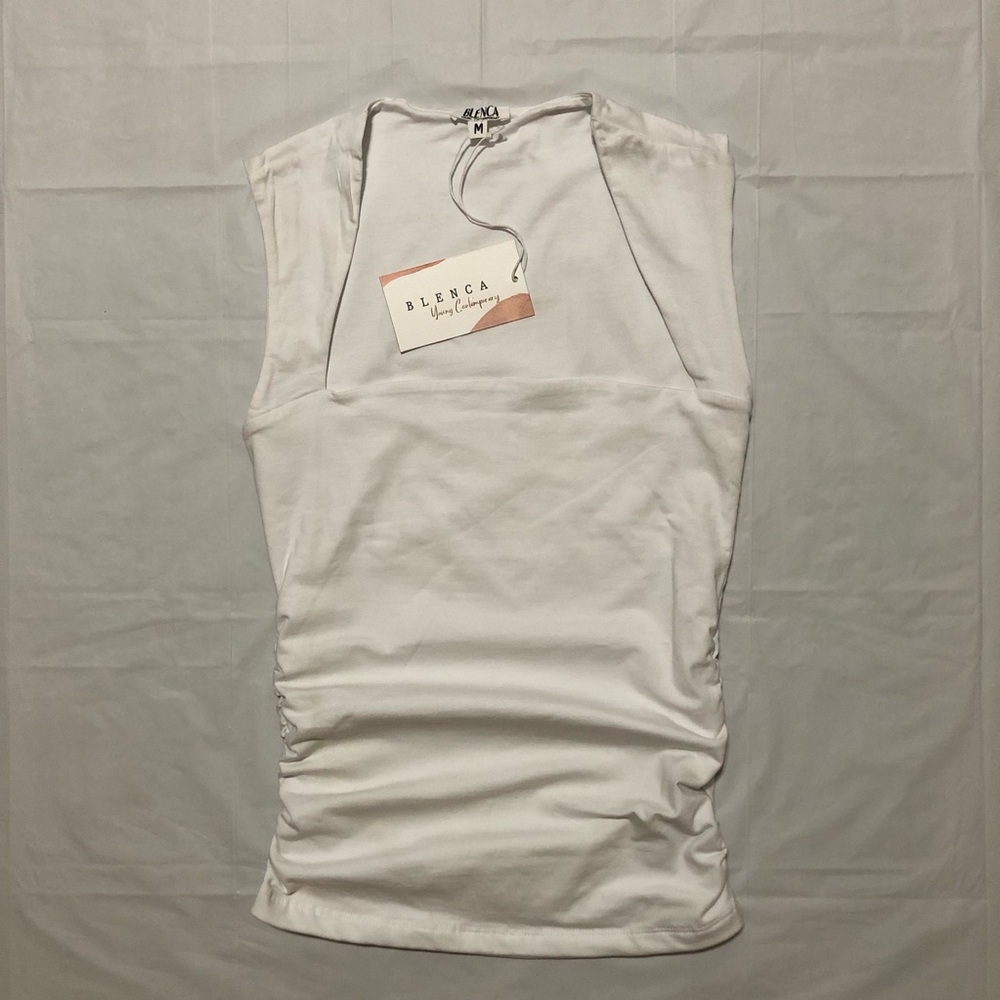 NWT Blenca Women’s Sleeveless Square Neckline Ruched Sides Body-Con White Top M
